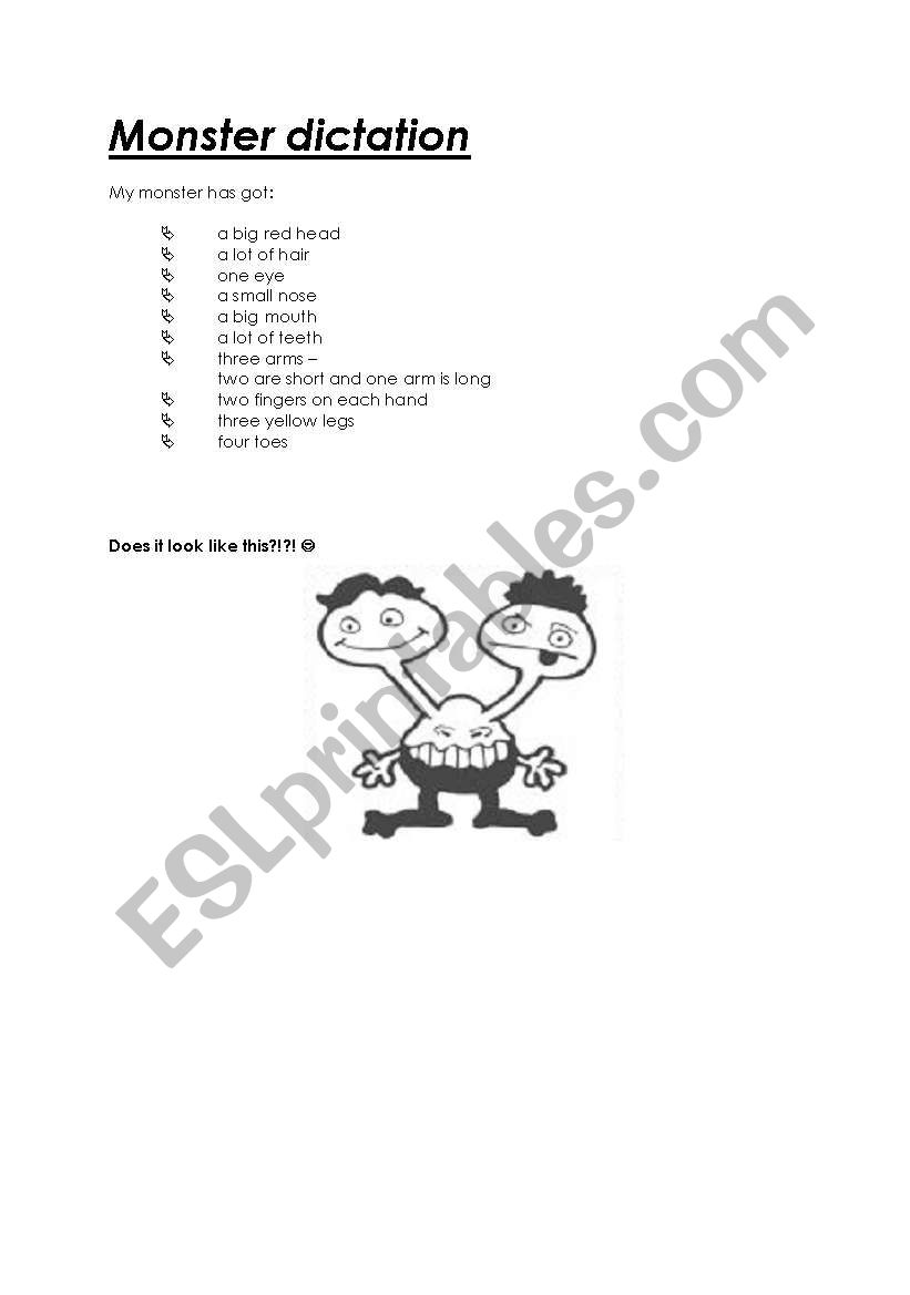 monster dictation body parts worksheet