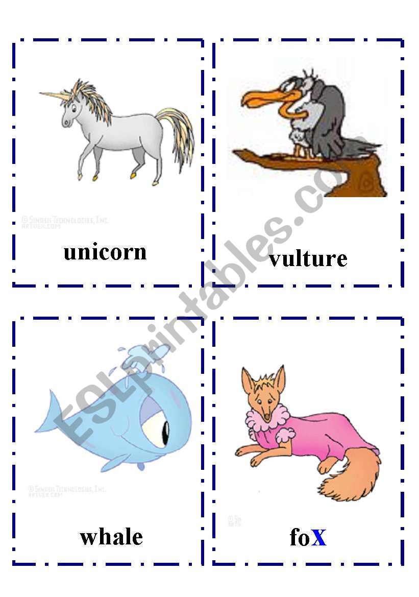Alphabet flash-cards with Animals part 2 Uu -Xx