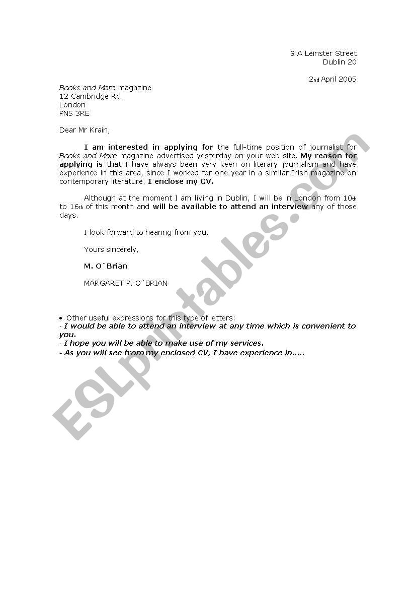 Job application letter worksheet