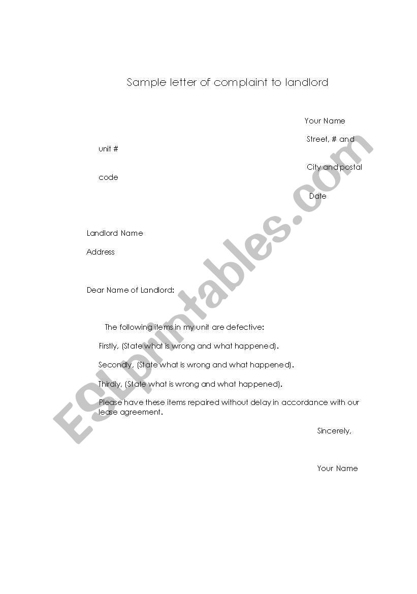 Housing: letter of complaint to landlord template
