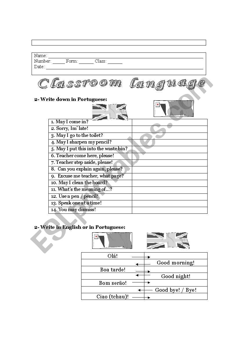 Classroom language worksheet