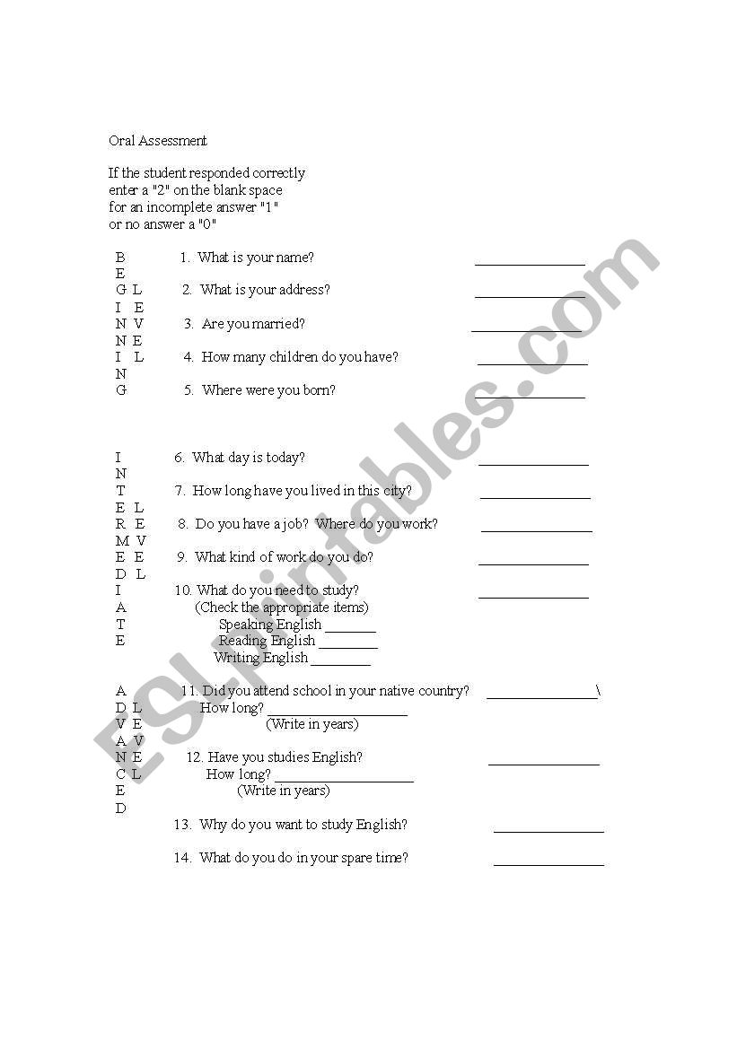 verbal assessment worksheet