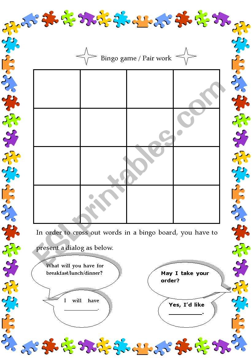 Food bingo worksheet
