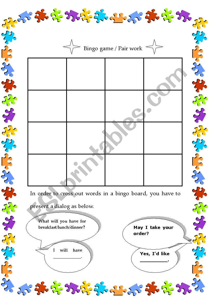 Food bingo worksheet