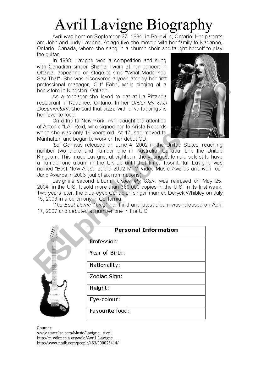 Avril Lavigne worksheet