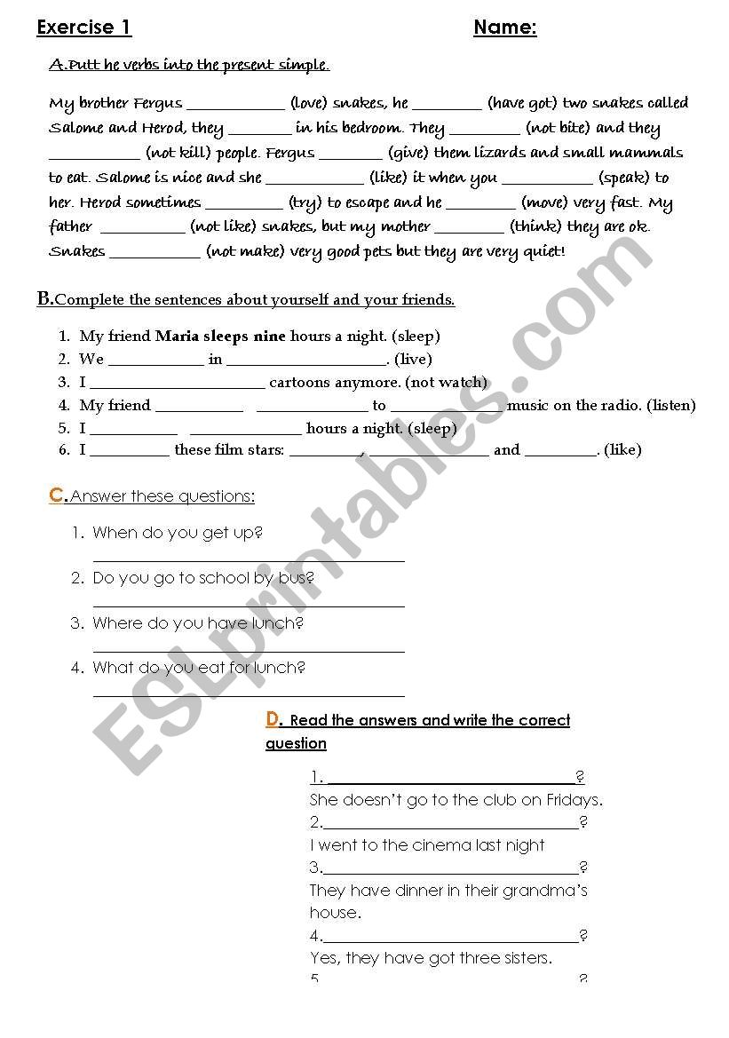 present simple homework worksheet