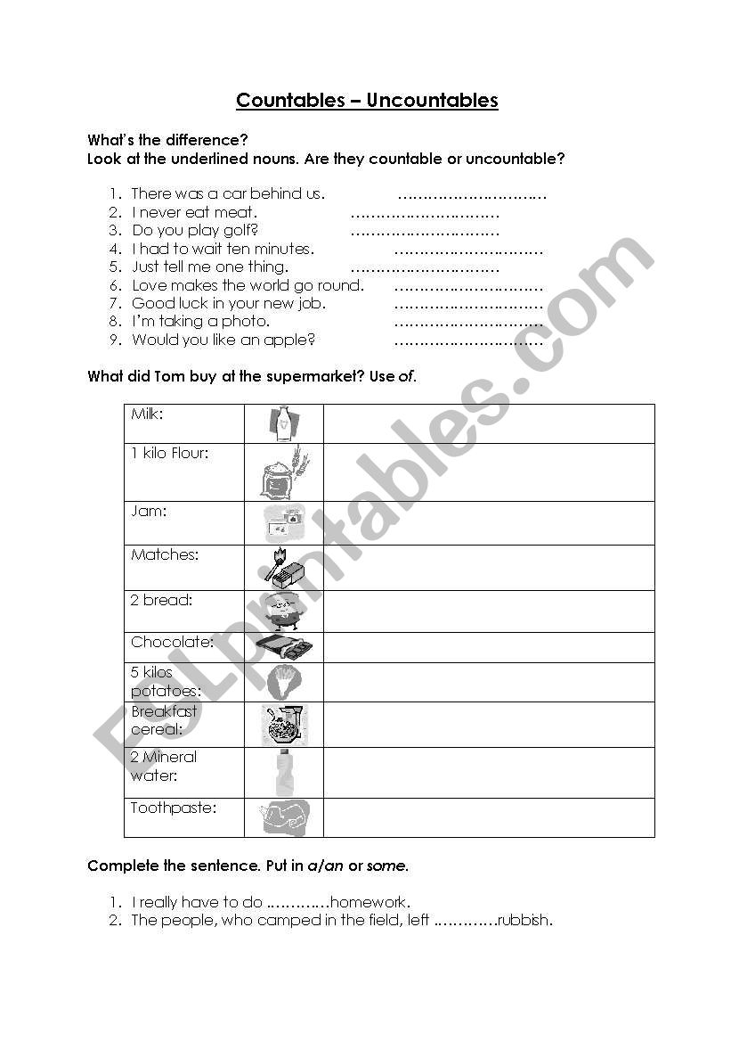 countable - uncountable worksheet