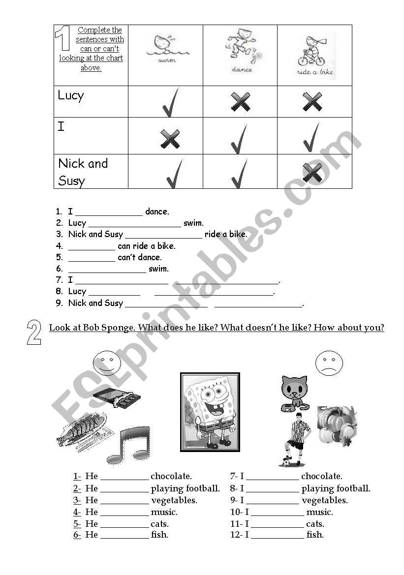 can-cant / likes-dislikes worksheet