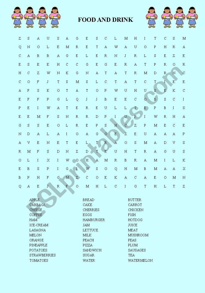 food and drink wordsearch worksheet