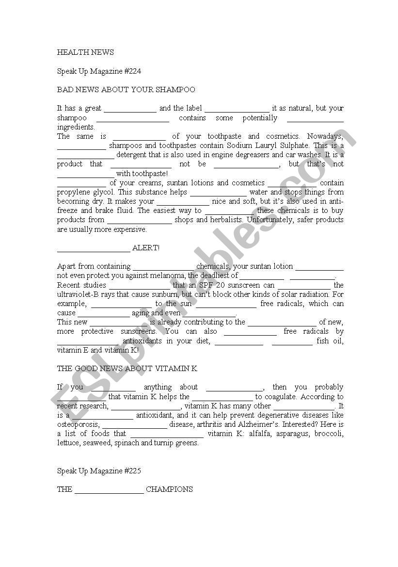 Health news worksheet