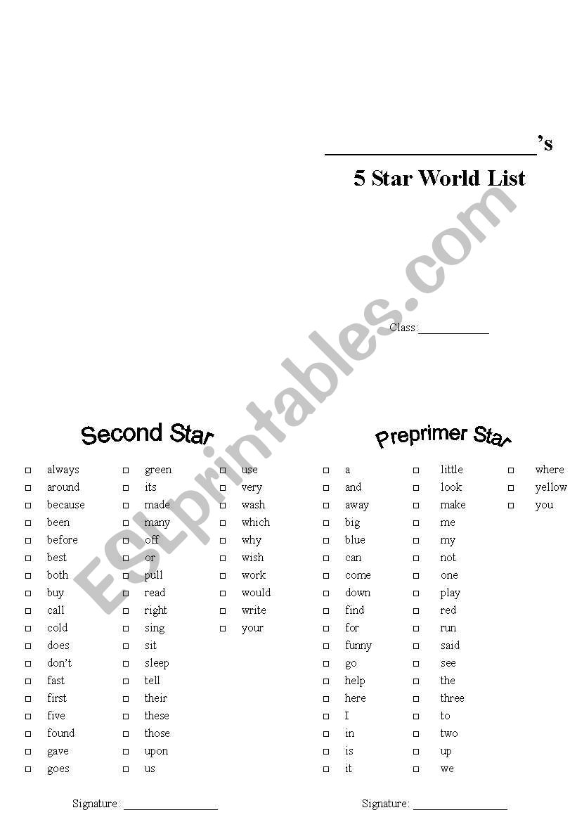 Dolch Words 5 Star List worksheet