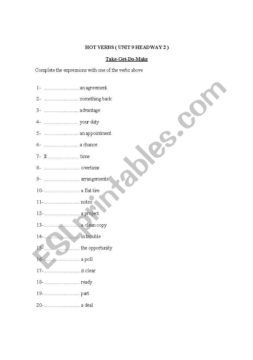 Hot verbs worksheet