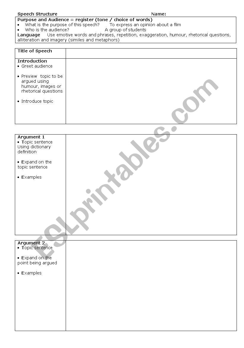 English worksheets scaffold for structure of a speech