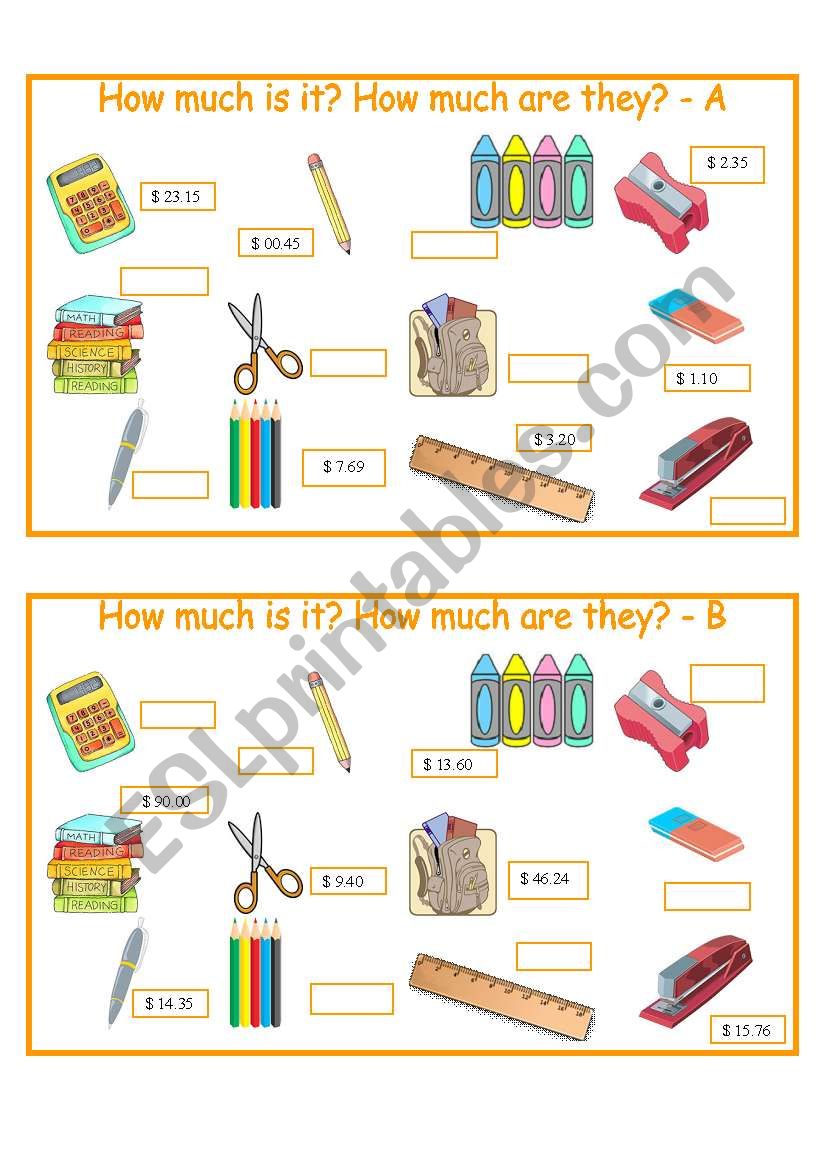 How much - school material worksheet