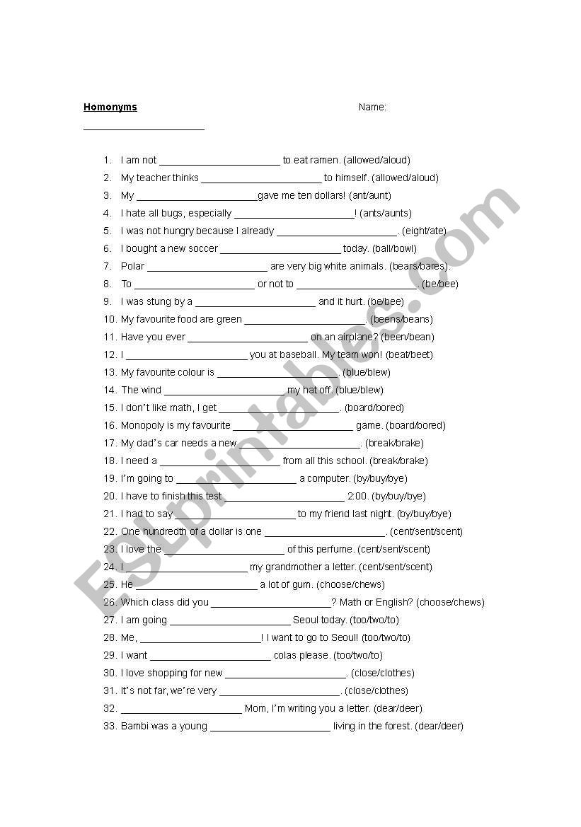 Homonyms worksheet