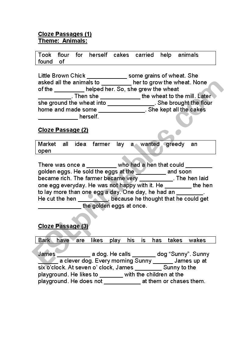 cloze passages worksheet