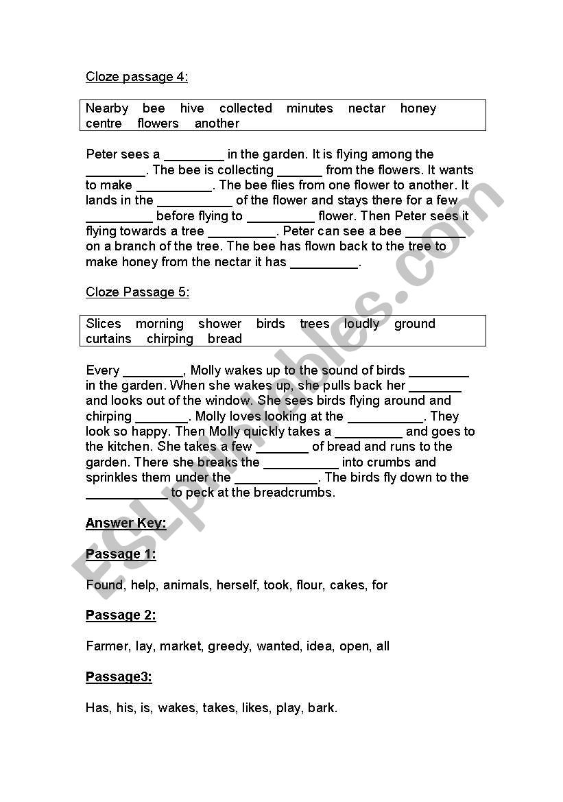 cloze passages worksheet