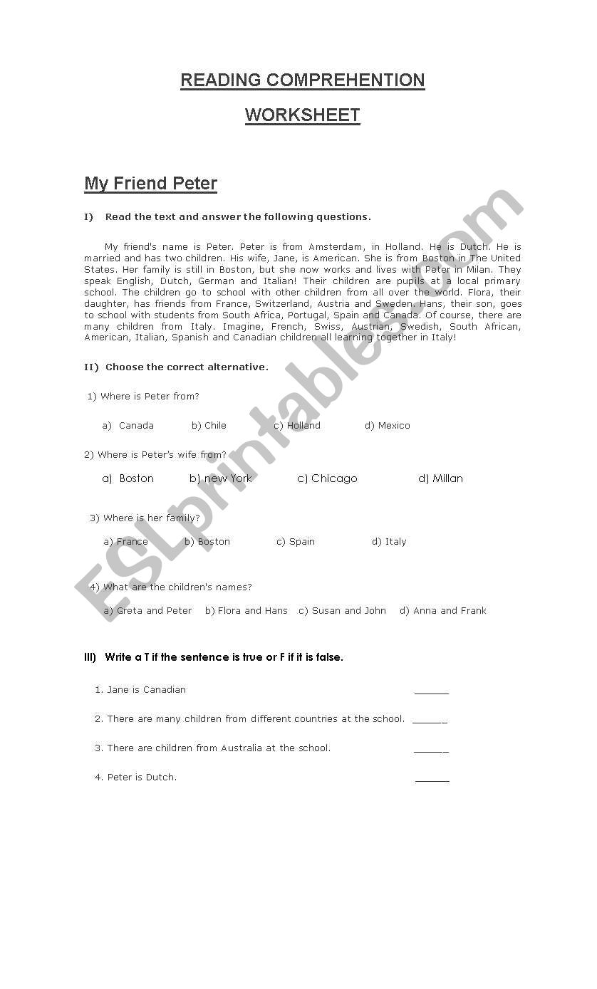 reading comprehention worksheet