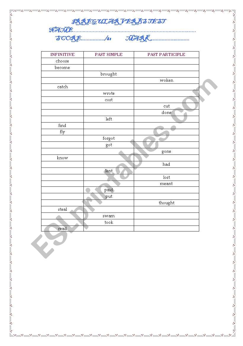 Irregular verbs test worksheet