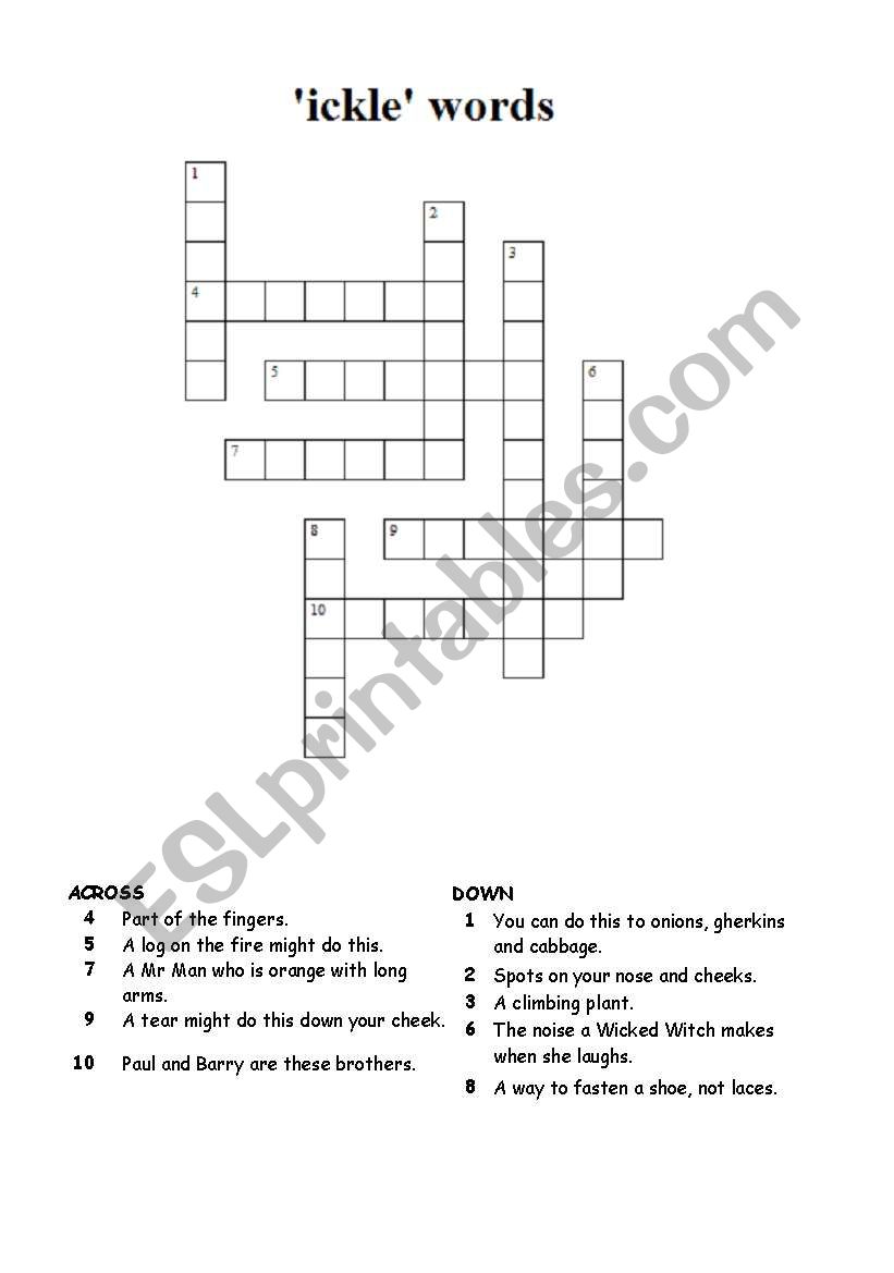 Crossword of words that contain the suffix ickle