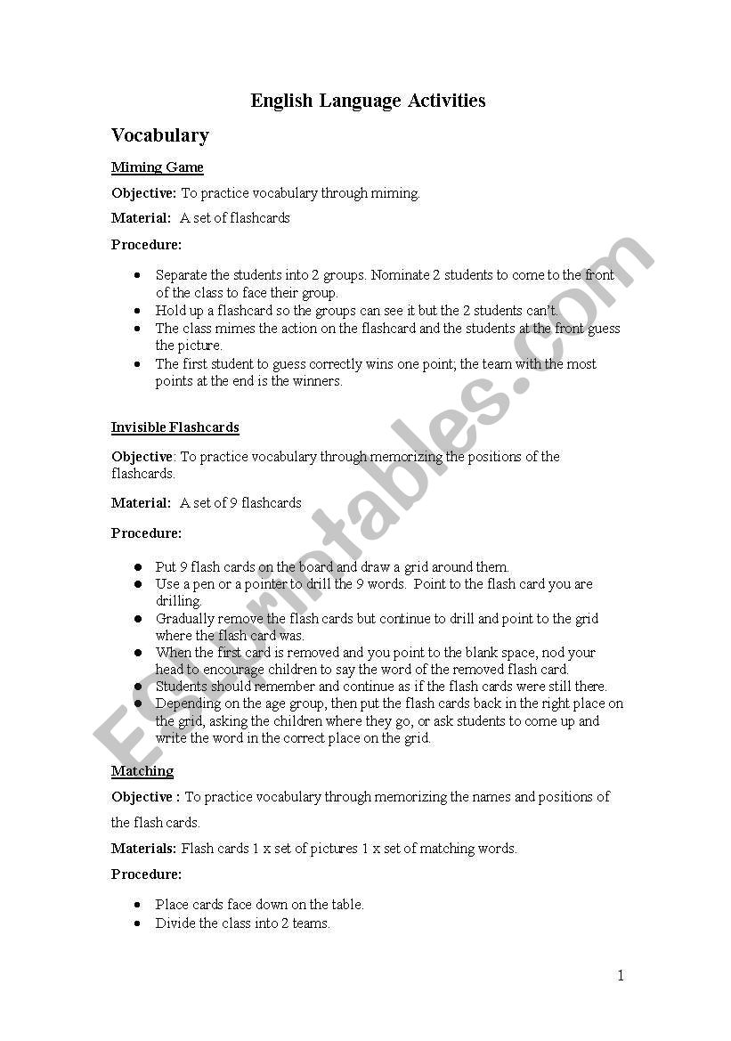 English language activities worksheet