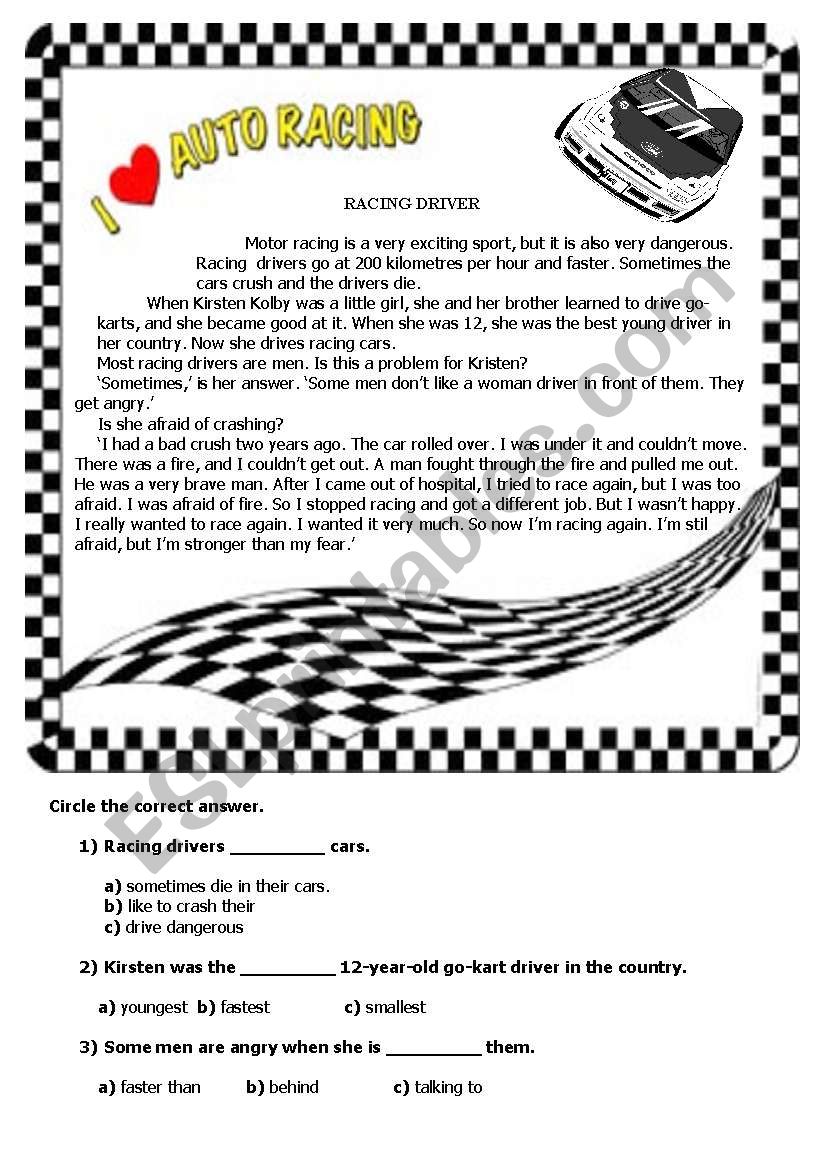 reading worksheet motor racing