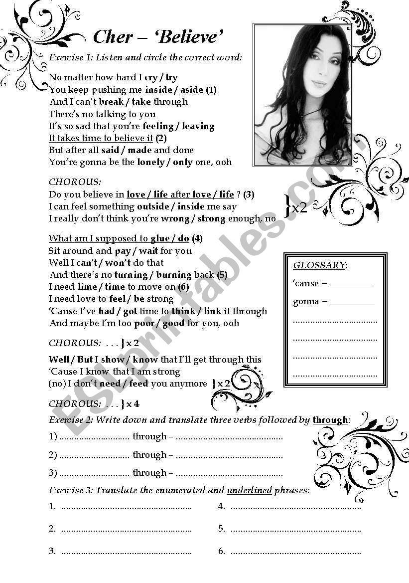 Cher Believe song worksheet