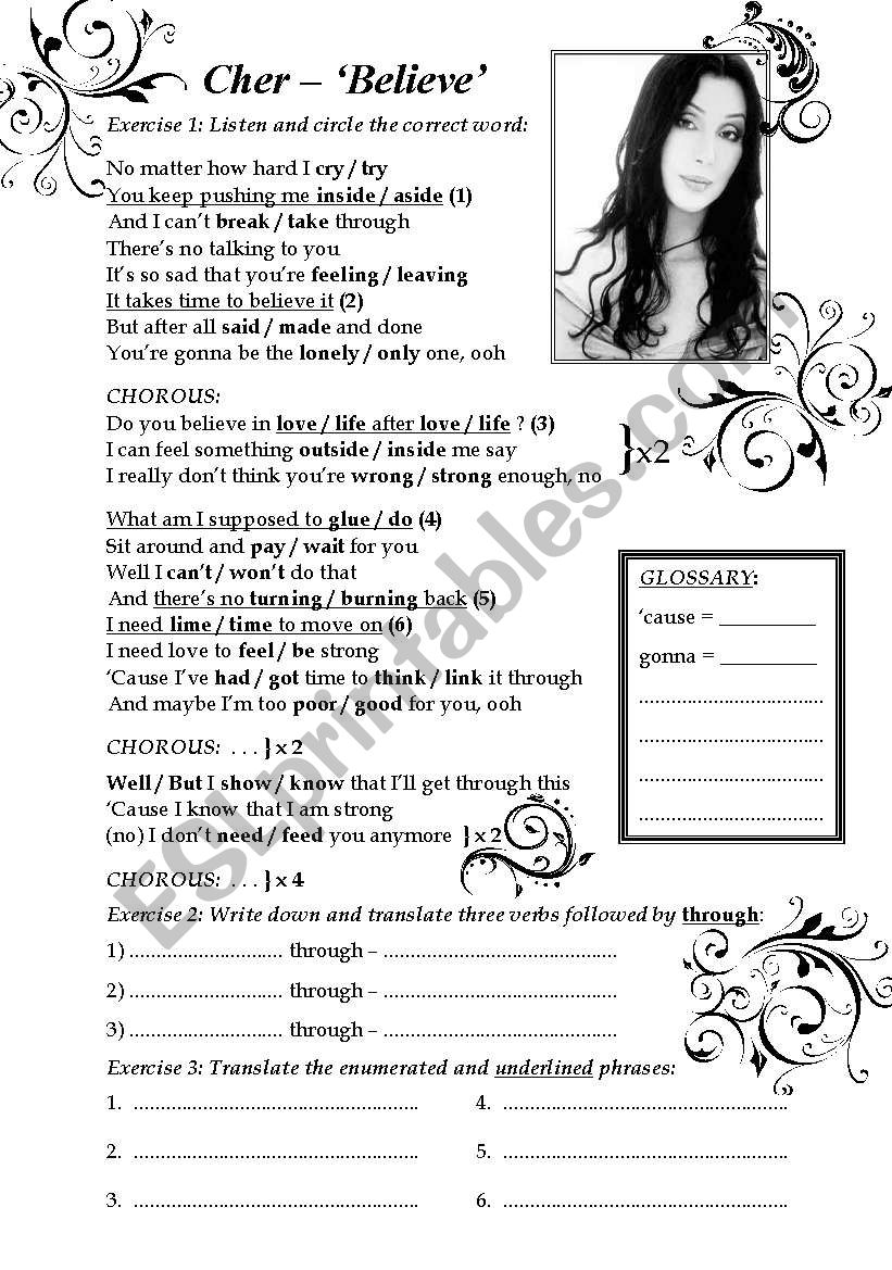 Cher Â´BelieveÂ´ song worksheet