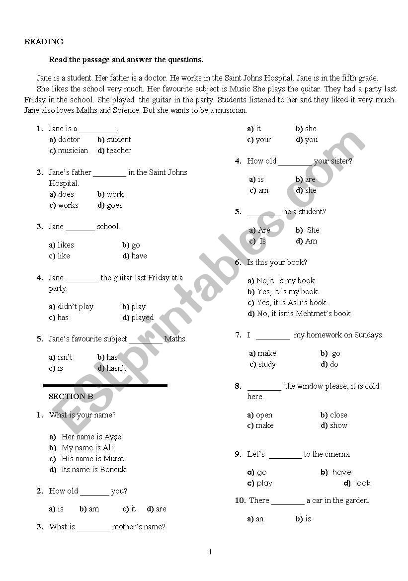 the test for grade 5 worksheet