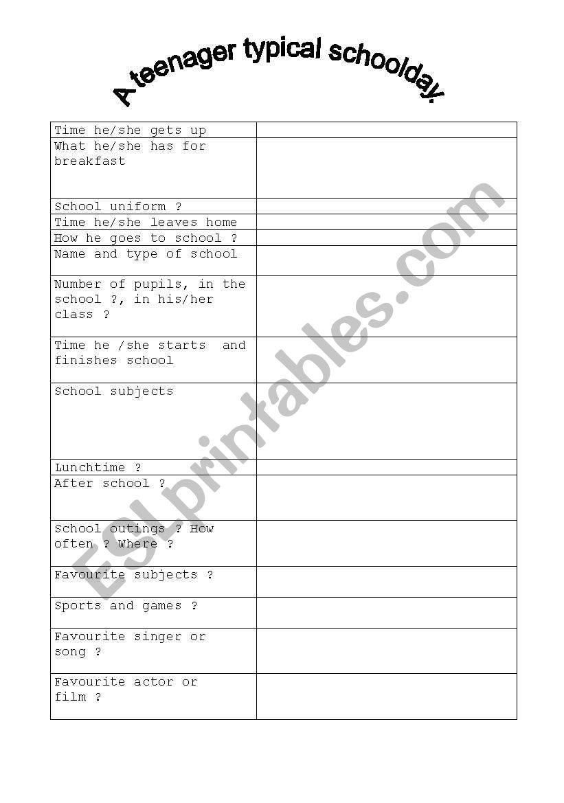 A teenager typical day worksheet