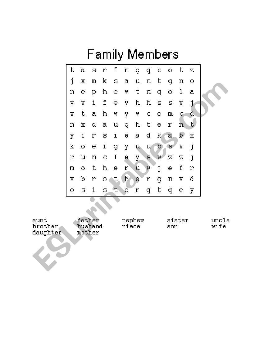 Family Members word find worksheet