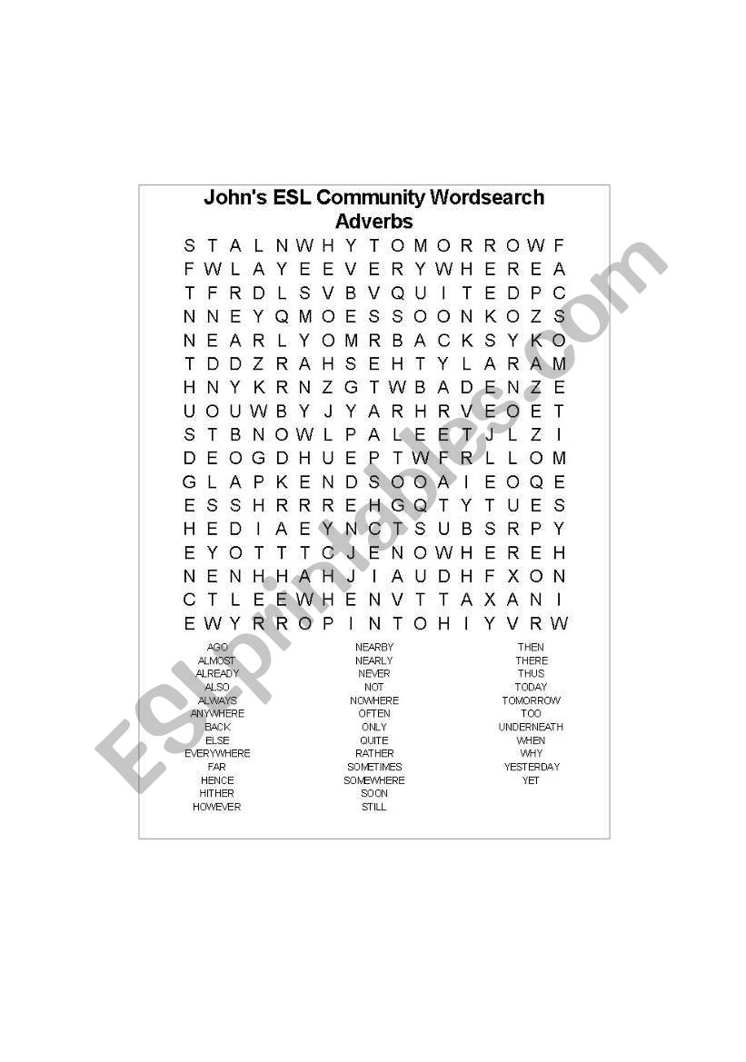 Adverbs word find worksheet