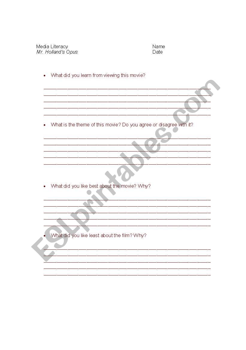 Media Literacy worksheet