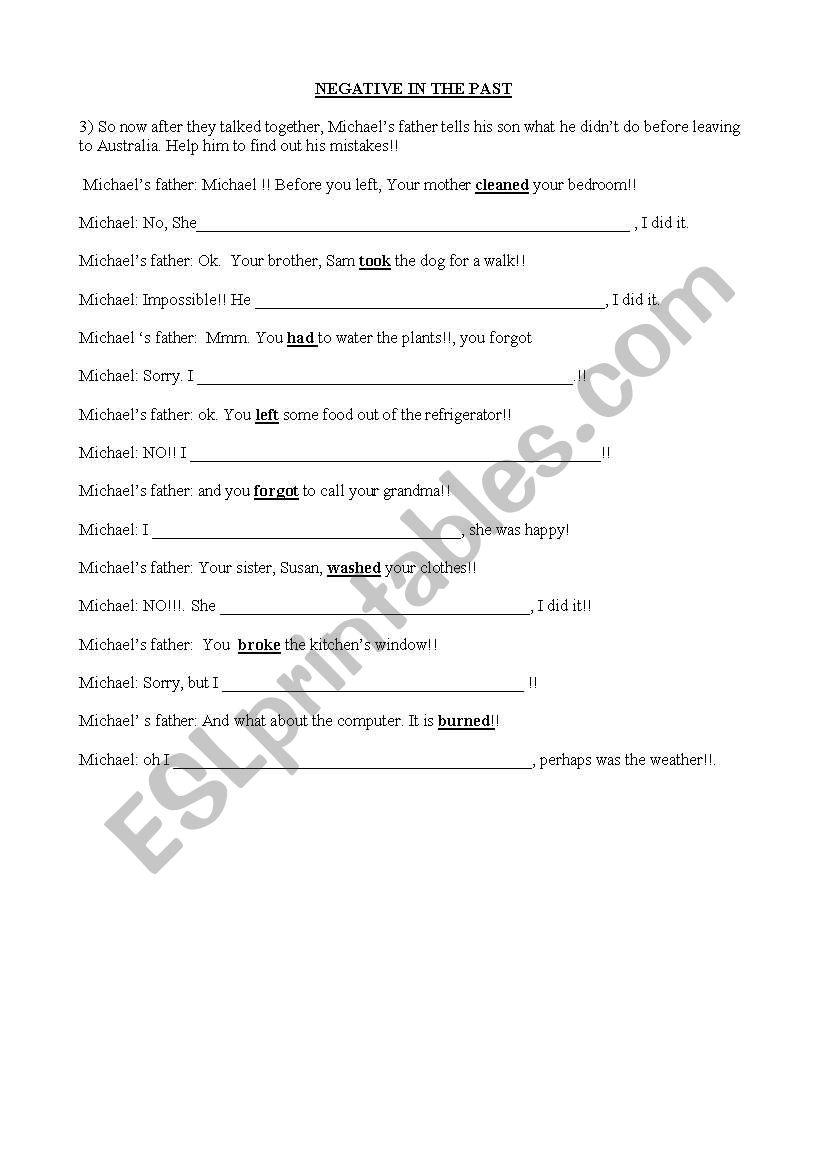 NEGATIVE IN THE PAST worksheet