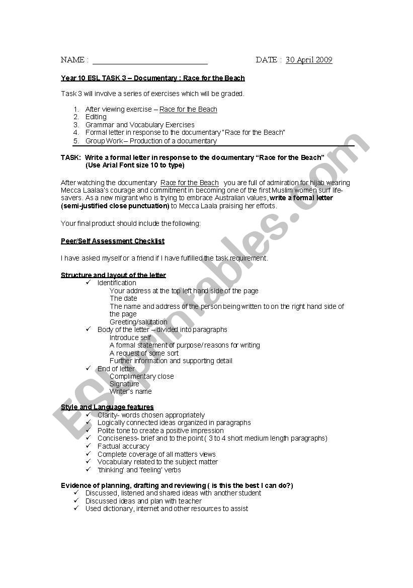 Formal Letter Writng Task worksheet