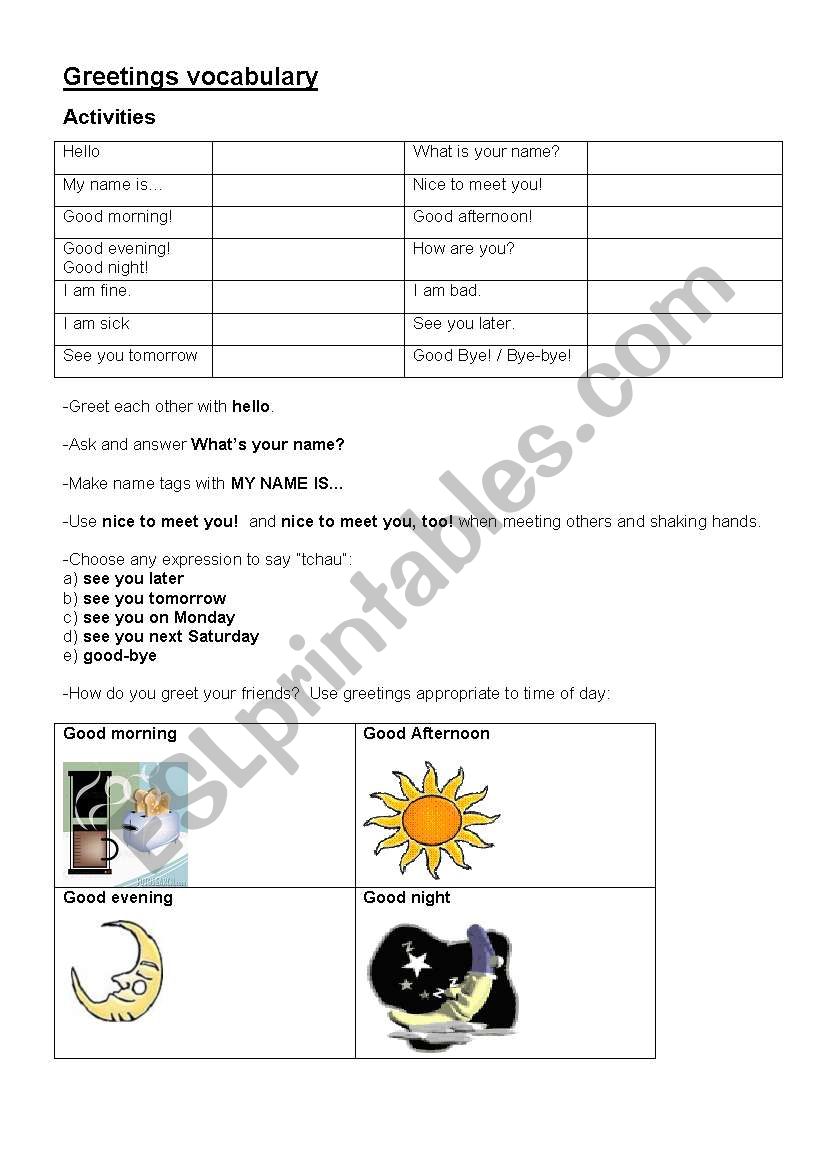 Greetings vocabulary worksheet