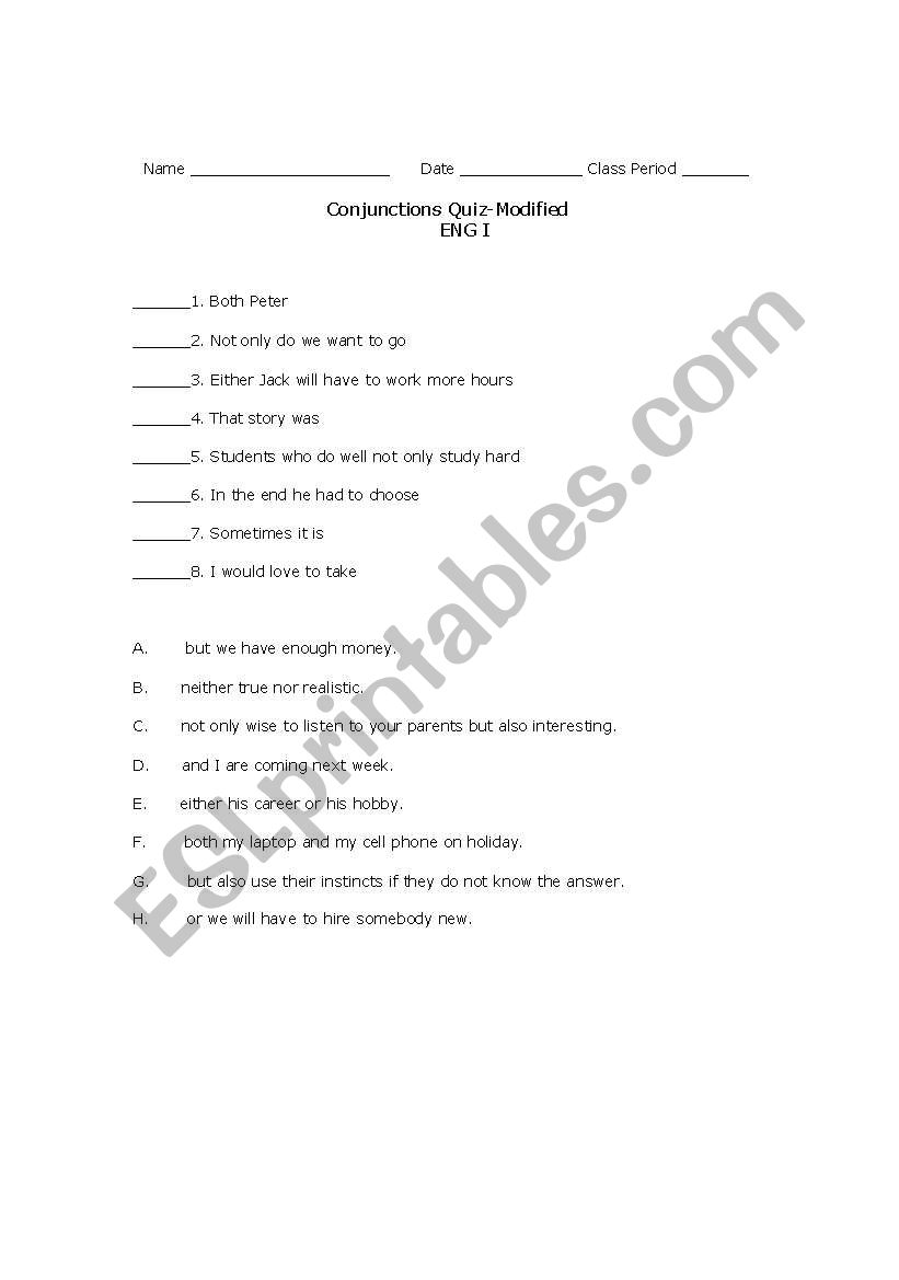 Conjunctions quiz worksheet