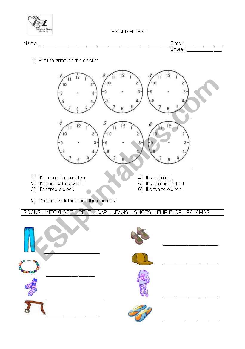 Test - Time, Clothes, Colors and Numbers - 4 pages