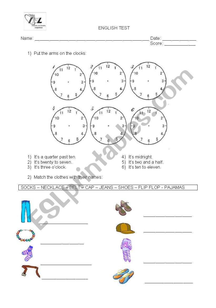 Test - Time, Clothes, Colors and Numbers - 4 pages Test - Time, Clothes, Colors and Numbers - 4 pages
