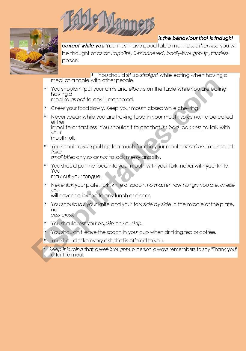 Table Manners worksheet