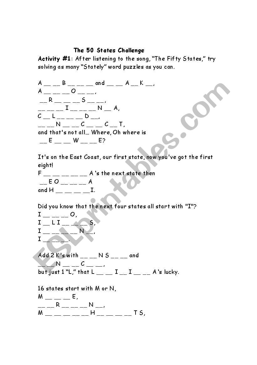 50 states Challenge Activity  worksheet