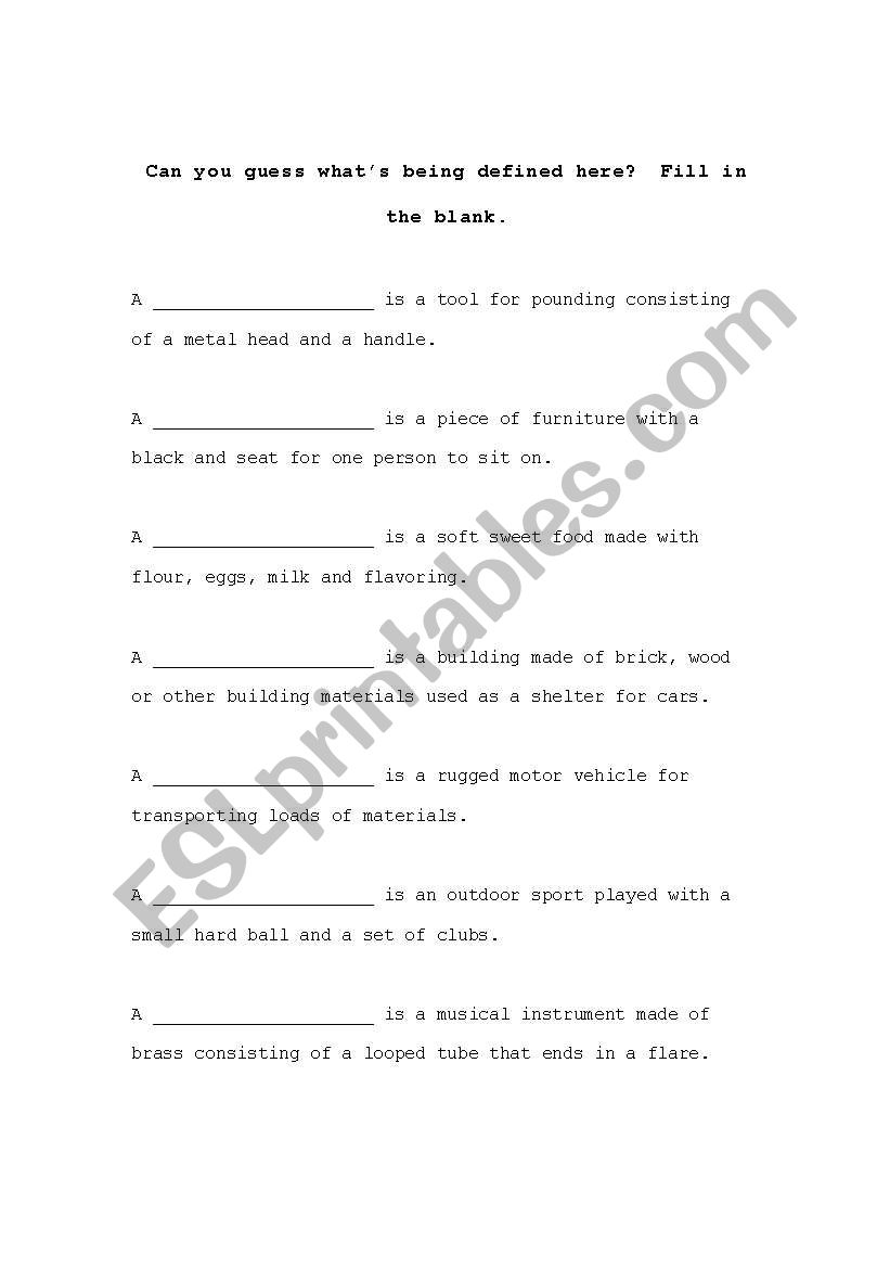 Definitions worksheet