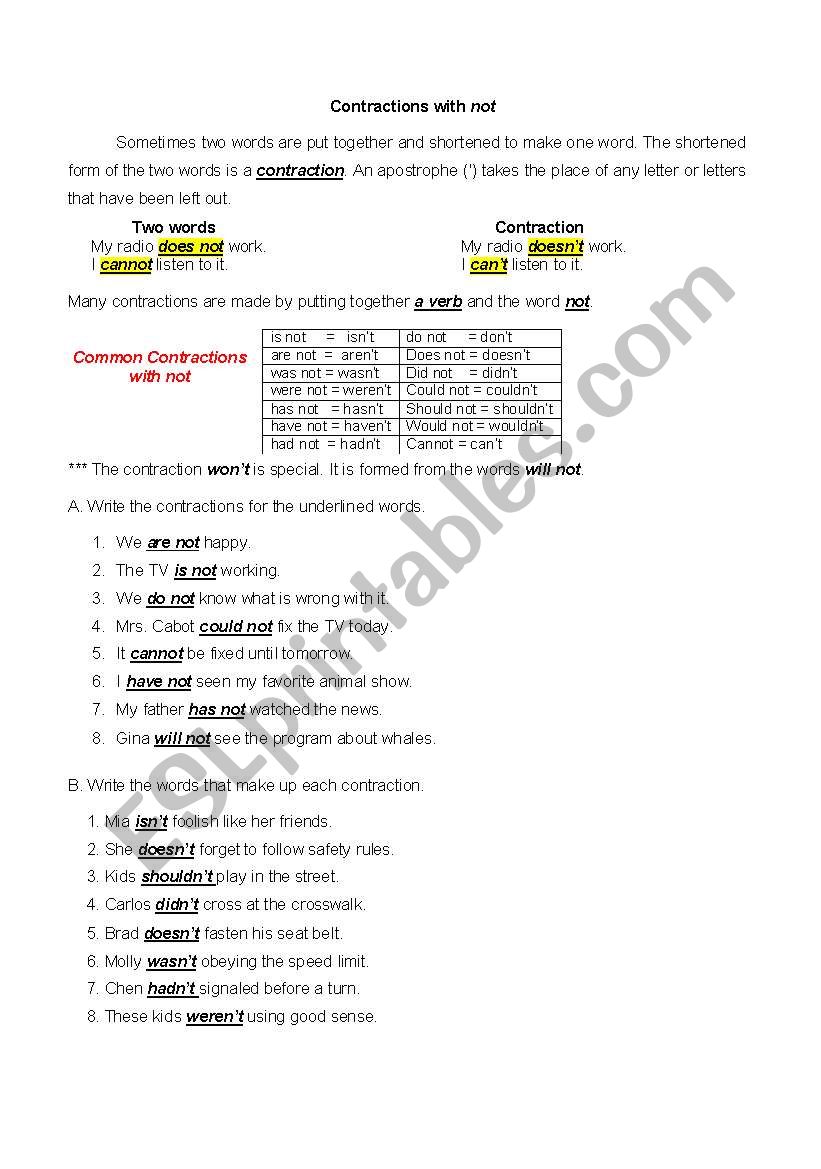 Contractions with Not worksheet