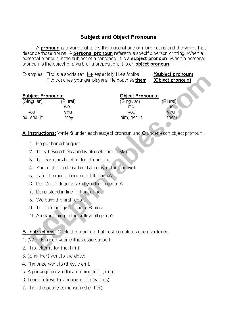 Subject and Object Pronouns worksheet