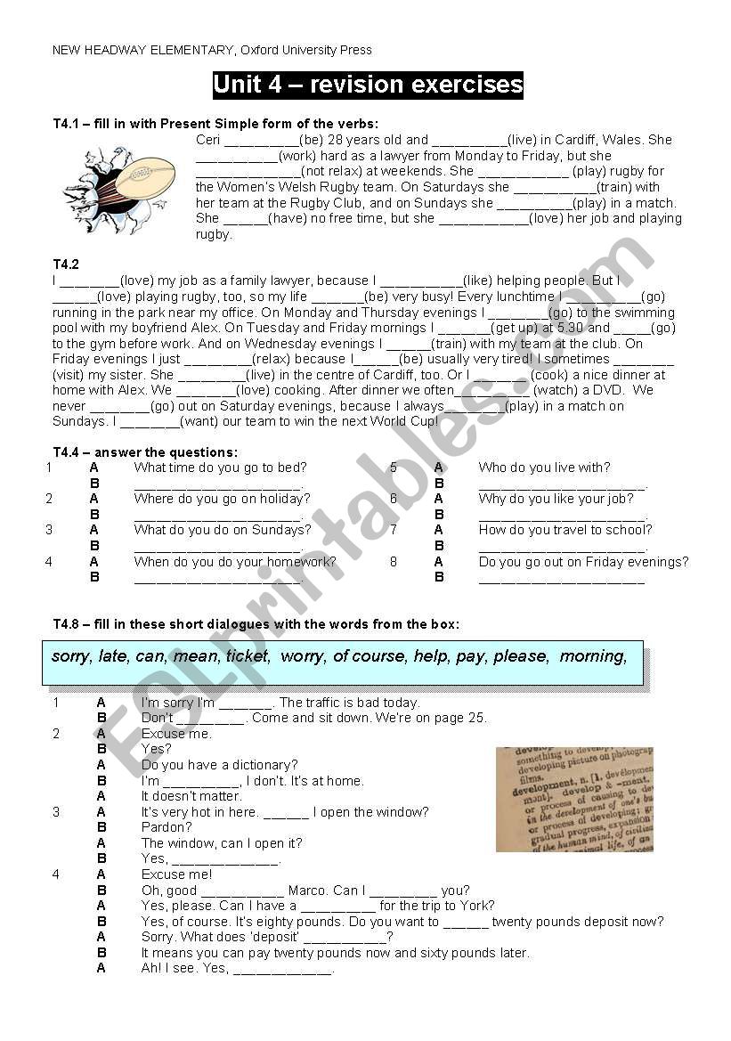 NEW HEADWAY ELEMENTARY, revision exercises