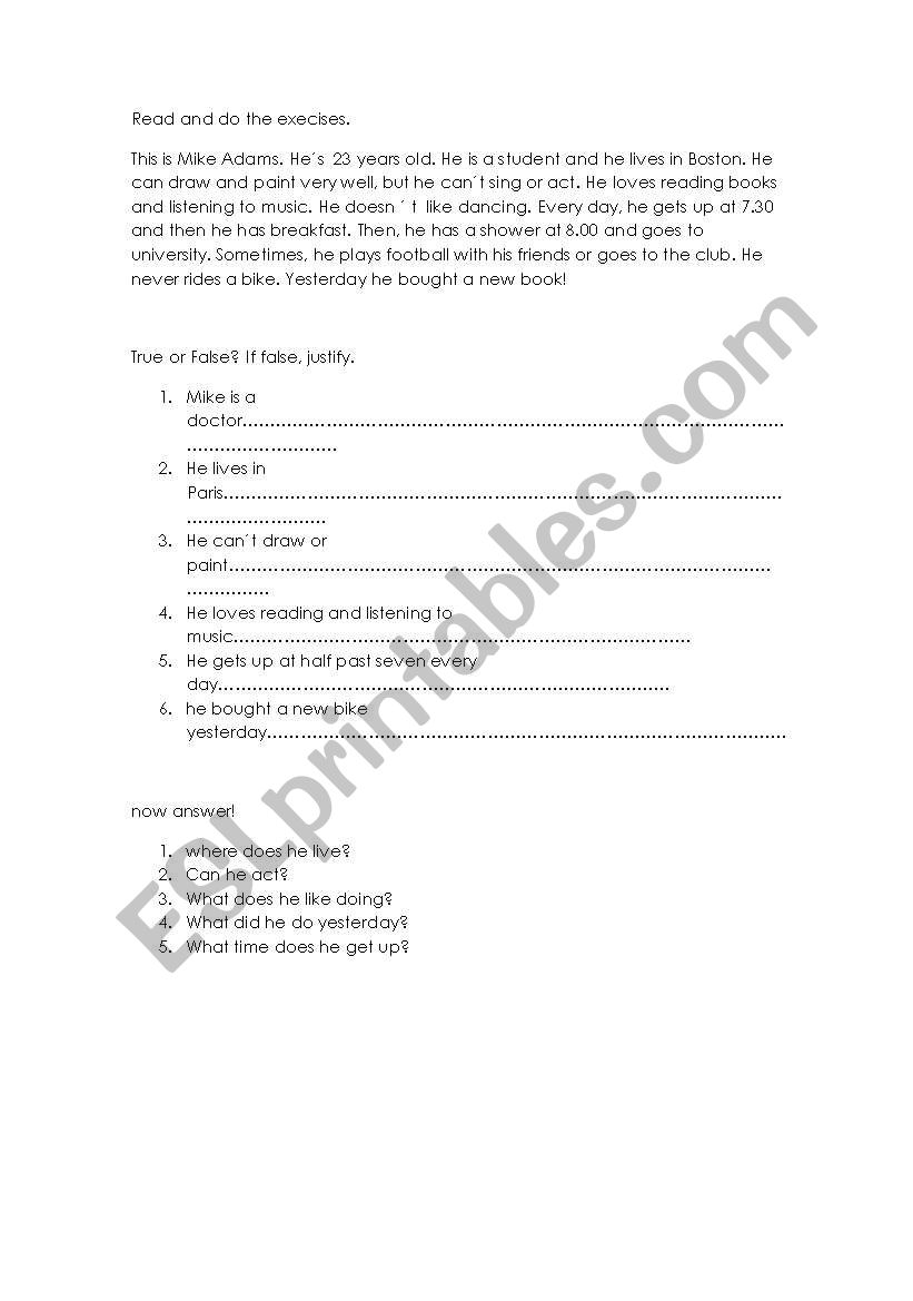 reading comprehension worksheet