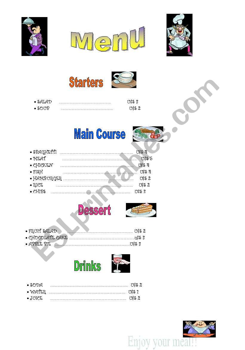 Menu worksheet