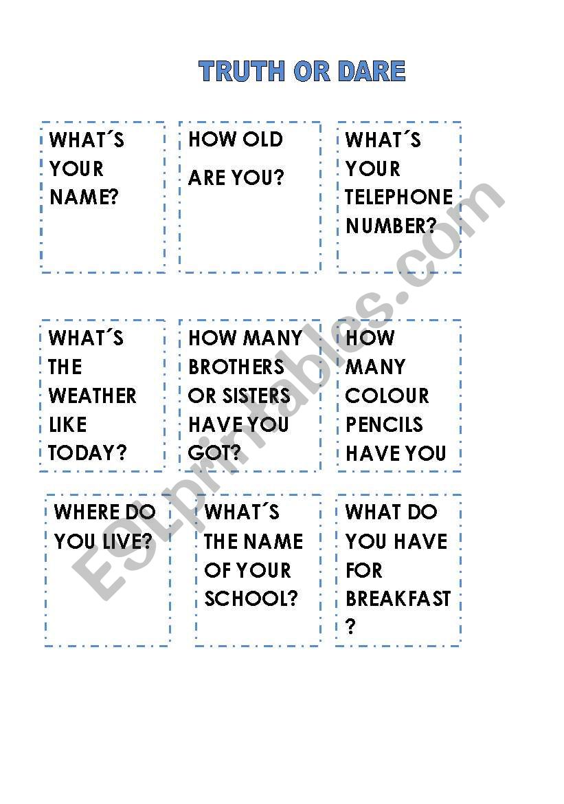 TRUTH OR DARE SPEAKING CARDS worksheet