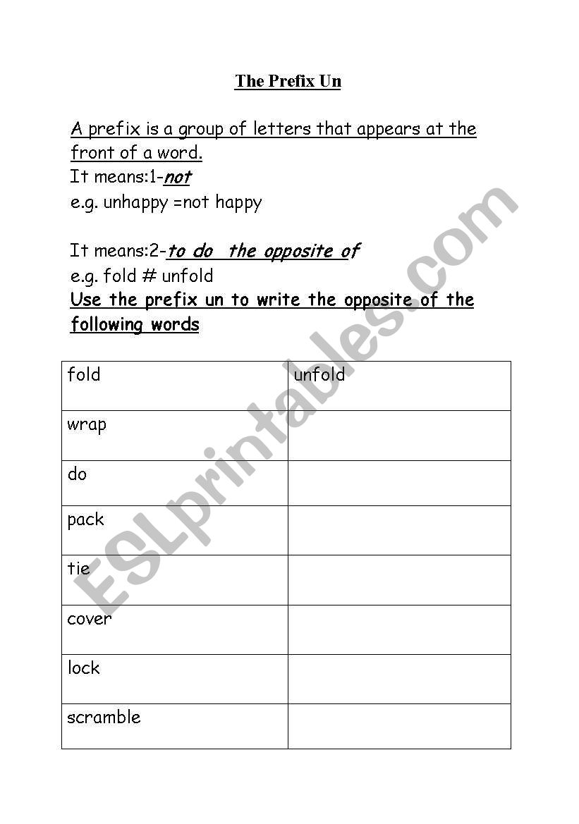 The prefix un worksheet