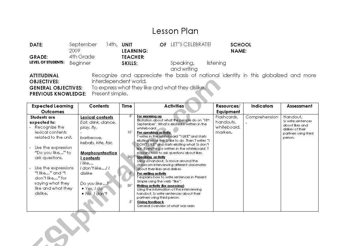 Lesson Plan 18th September (Chile)